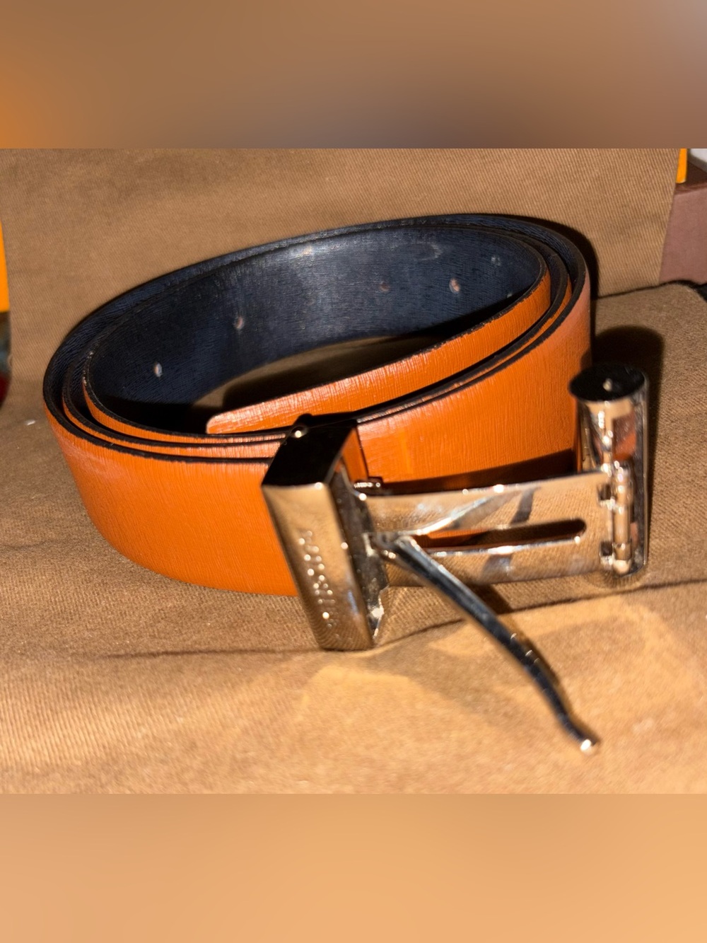 Men's Orange Reversible Leather Belt with Silver Buckle